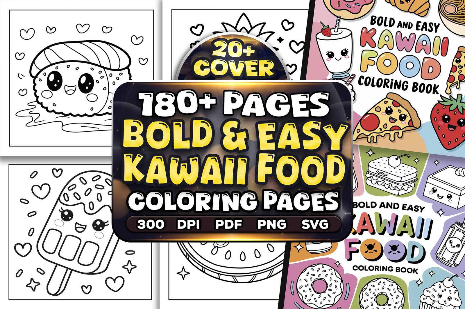 Bold and Easy Kawaii Food Coloring Pages Bundle