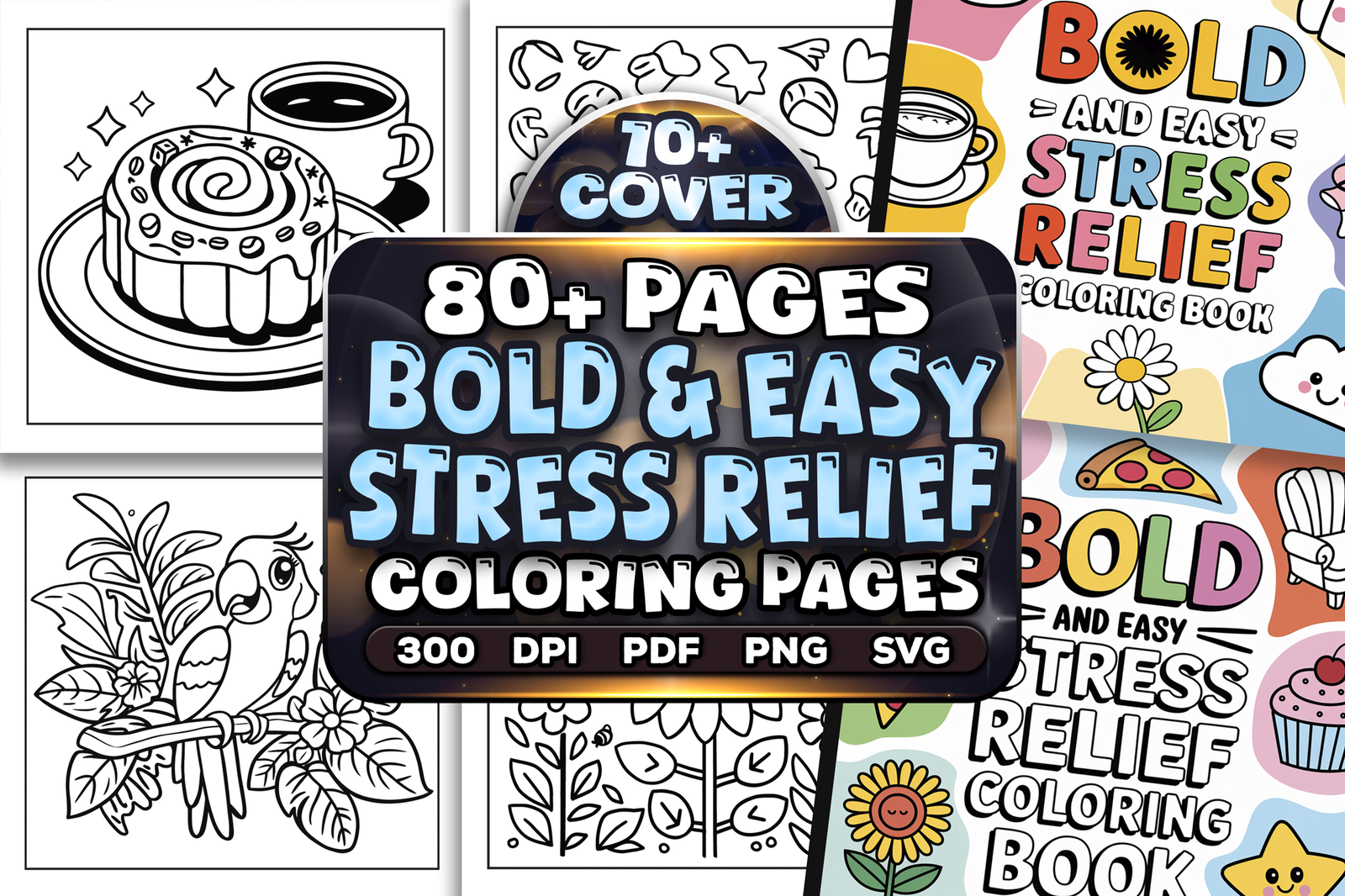 Bold and Easy Stress Relief Coloring Pages Bundle