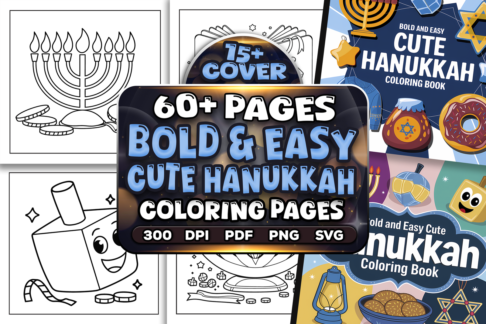 Bold and Easy Cute Hanukkah Coloring Pages Bundle