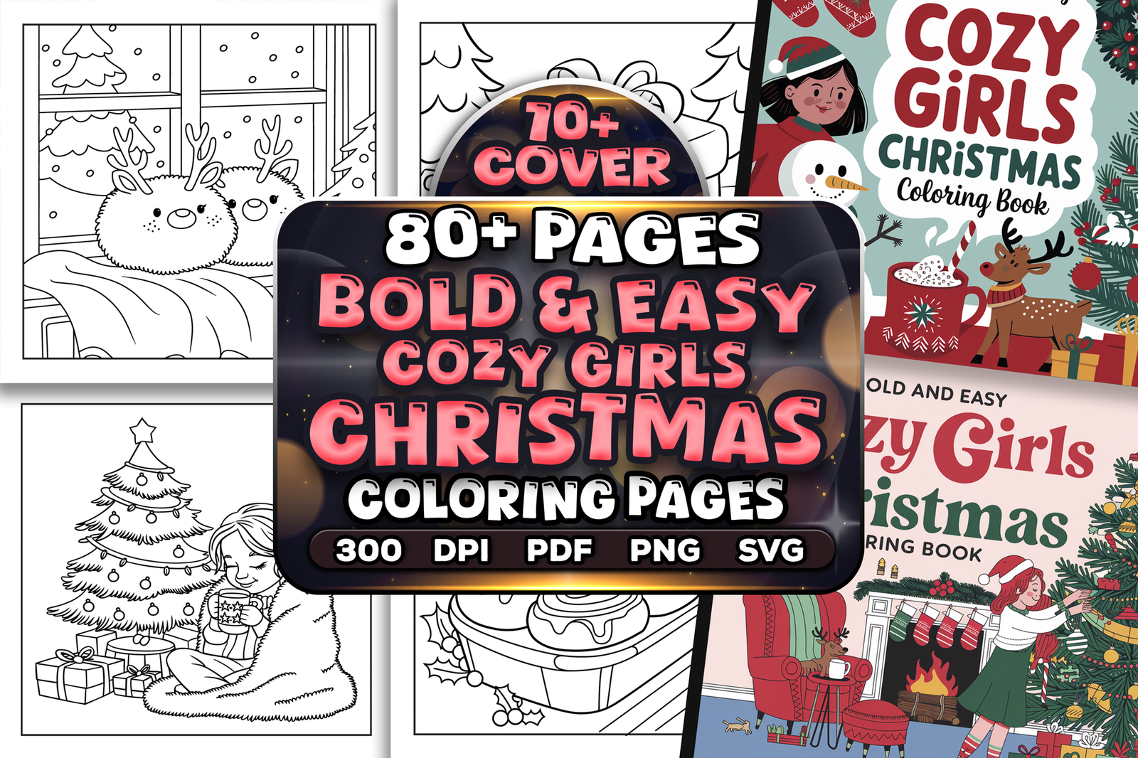 Bold and Easy Cozy Girls Christmas Coloring Pages Bundle | KDP Interior