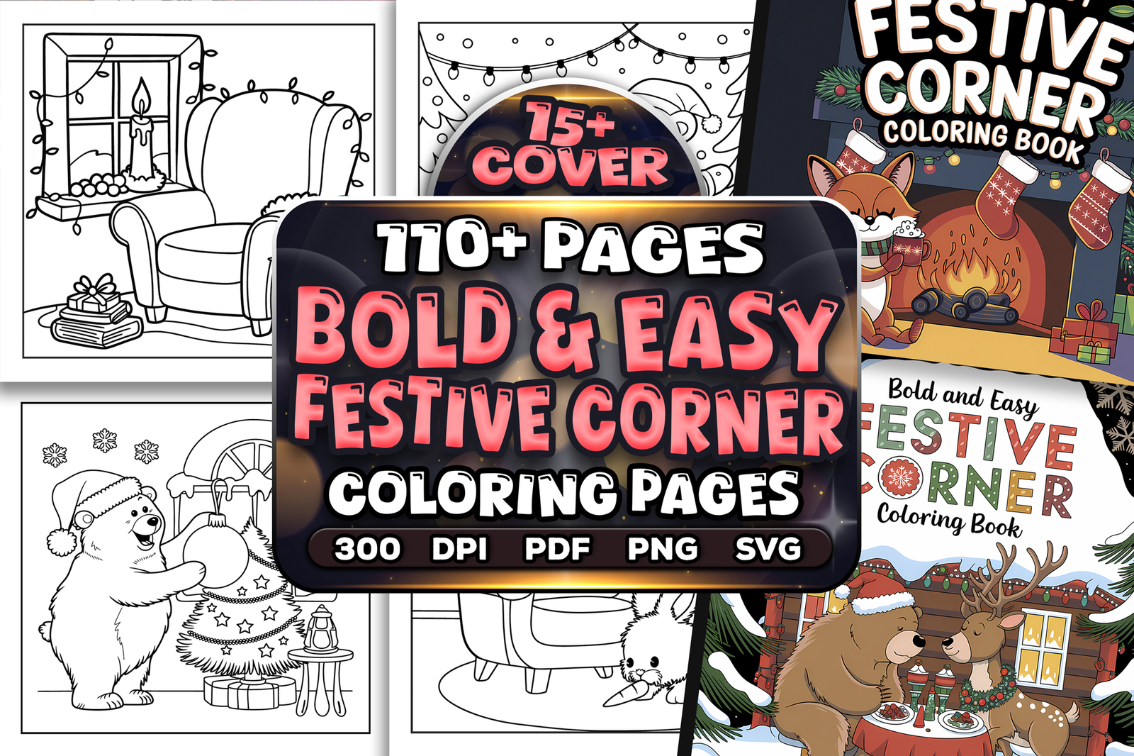 Bold and Easy Festive Corner Coloring Pages Bundle | KDP Interior