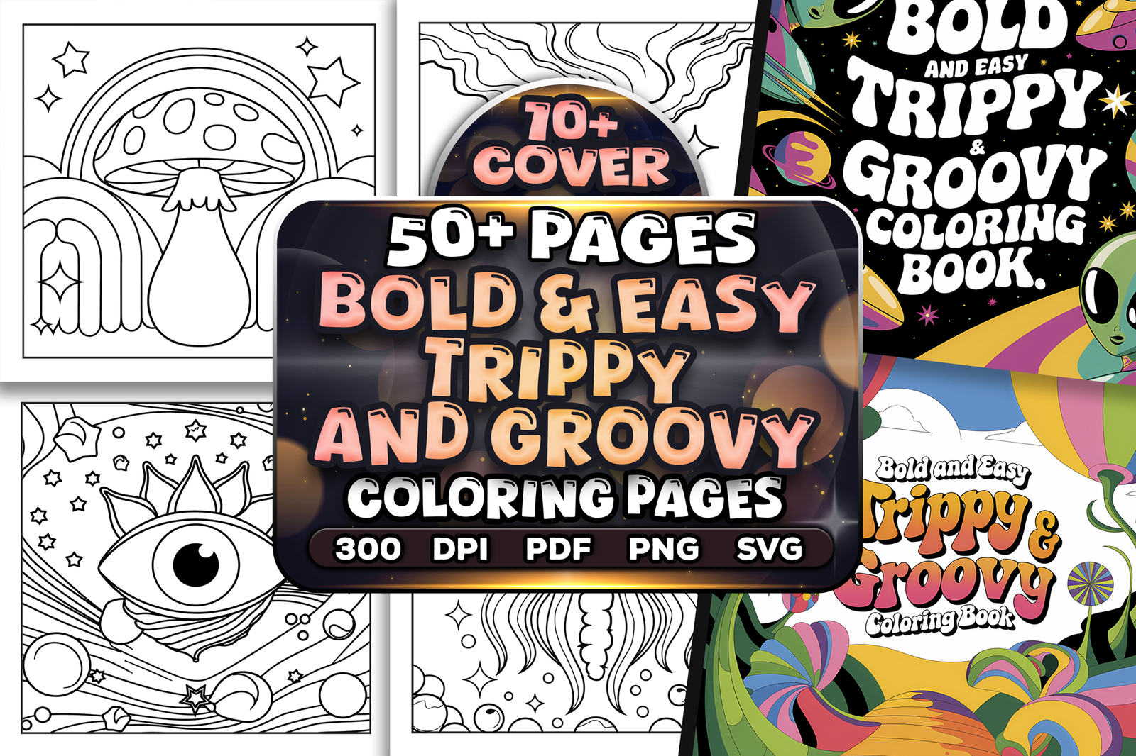 Bold and Easy Trippy & Groovy Coloring Pages Bundle