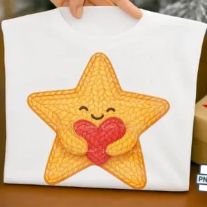Faux Crochet Star PNG Cute Valentine Celestial Art This premium-quality PNG design is created in a bold, original vector style—perfect for a wide variety of print and crafting projects. It features an adorable "Faux Crochet" illustration of a golden-yellow star with a happy smiling face, hugging a red knit heart. The detailed 3D yarn texture effect gives the appearance of handmade amigurumi without the bulk, making this design a unique and cozy choice for "You're a Star" Valentine's Day apparel, mugs, and nursery décor. Delivered as a 3600 x 3600 pixel (300 DPI) file with a transparent background, it's ready for direct use on garments, accessories, and more. Product Features: - PNG File with Transparent Background - Dimensions: 3600 x 3600 pixels (12 x 12 inches) - High Resolution: 300 DPI - Clean edges and vibrant detail - Ready for sublimation, vinyl transfer, heat press, or digital design use - Commercial use allowed - Faux Crochet Star PNG Cute Valentine Celestial Art Great For: - T-Shirts & Sweatshirts (You're a Star) - Mugs - Tote Bags - Stickers - Pillows - Tumblers - Wall Art (Nursery/Celestial Theme) - Journals - Sublimation projects - Scrapbooking - More DIY crafts! Included in the Download: - 1 PNG File - Transparent Background - 300 DPI Resolution - Zipped in 1 file (use WinZIP, WinRAR, or equivalent to extract) - Faux Crochet Star PNG Cute Valentine Celestial Art