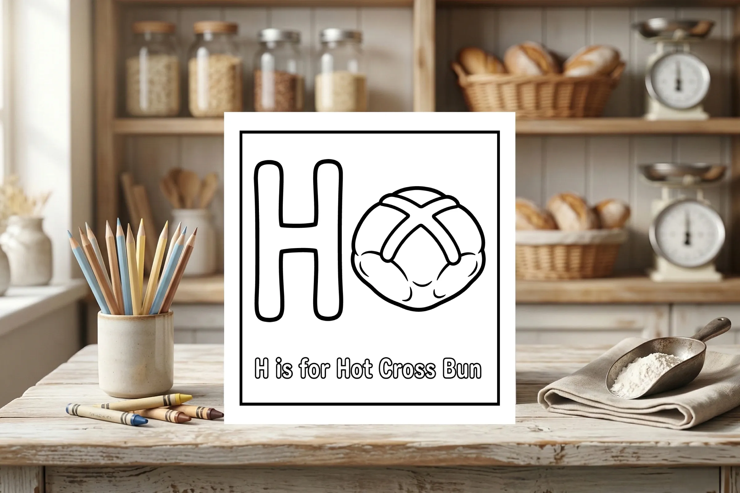 H is for Hot Cross Bun Alphabet Coloring Page