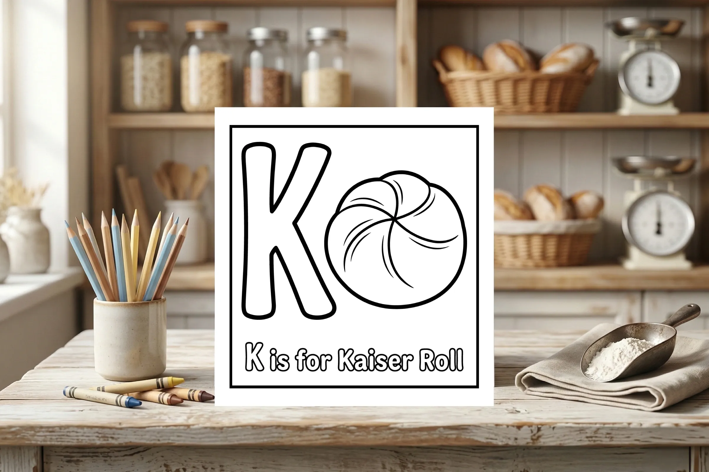 K is for Kaiser Roll Alphabet Coloring Page
