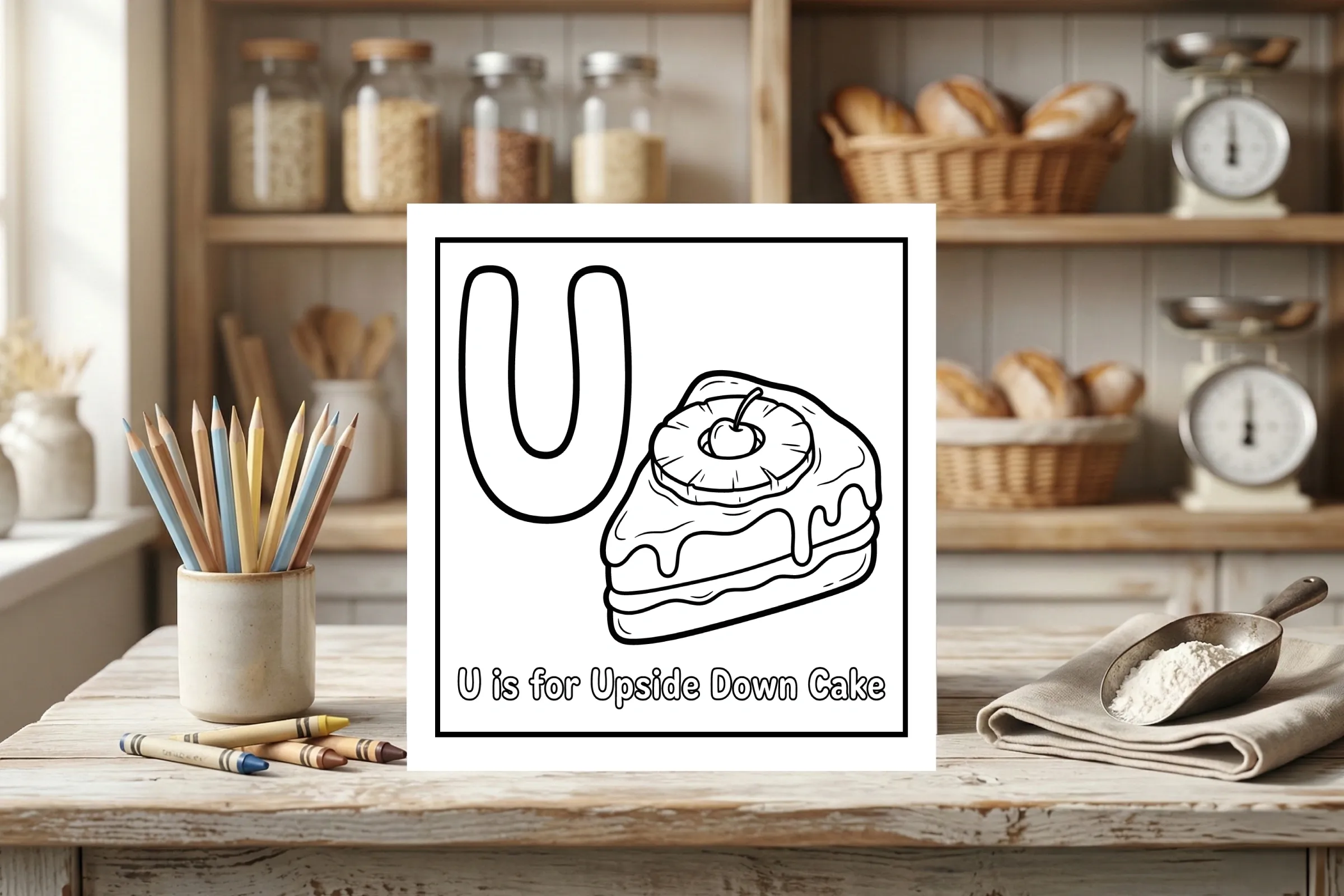 U is for Upside Down Cake Alphabet Coloring Page